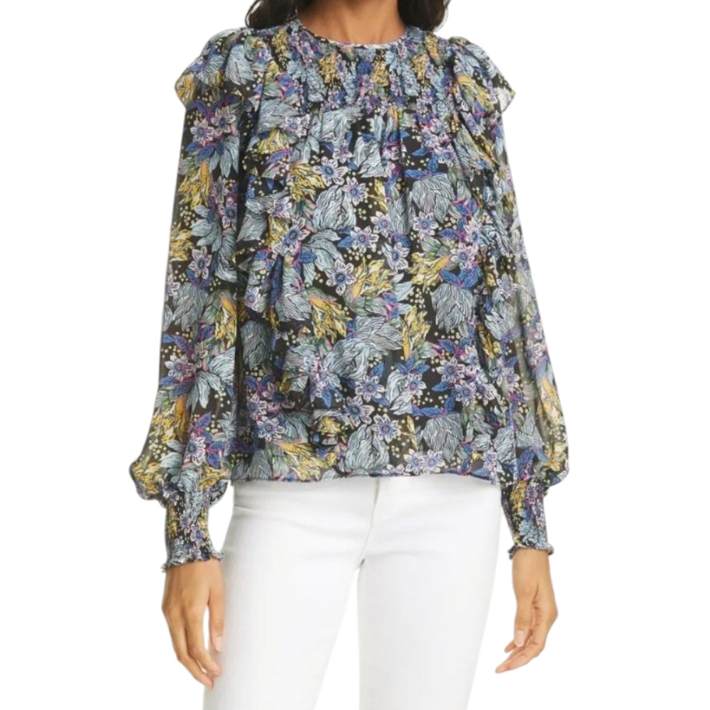 CINQ A SEPT Harriet Floral Smocked Yoke Top Blouse Ruffles Small